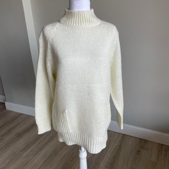 Cream Metallic Knit Turtleneck Sweater Pockets Women's Medium Retro Cozy Bling - Picture 1 of 6